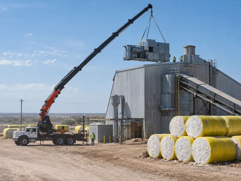 Crane lifting equipment at a cotton gin beside cotton modules