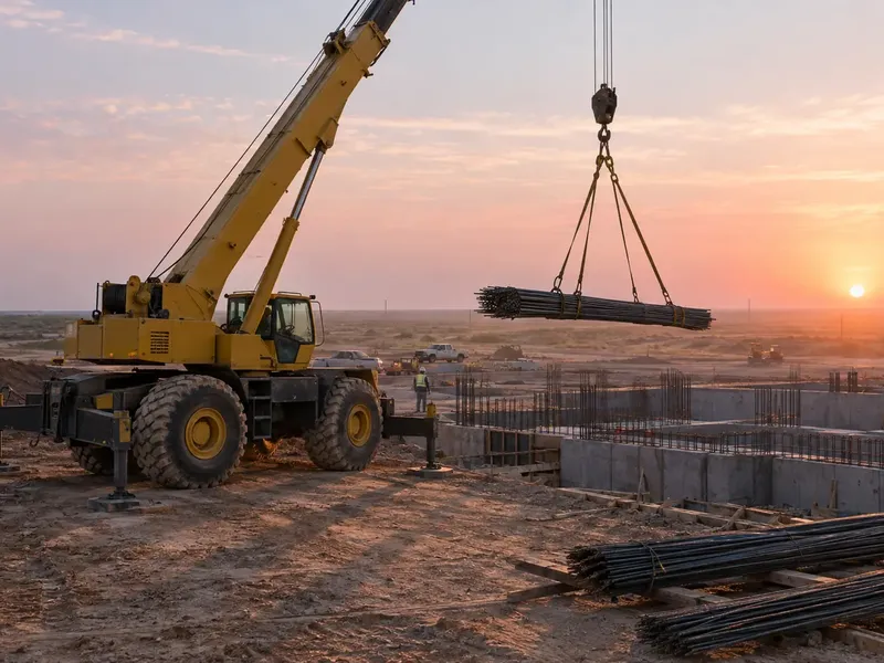 Rough-terrain crane on a graded job site at sunrise